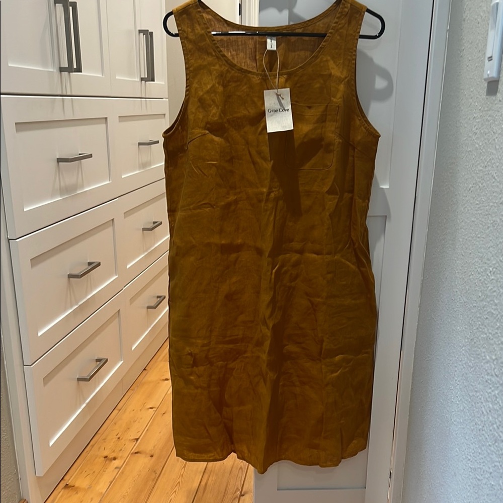 Brown 100% Linen Tank Mini Dress with pockets